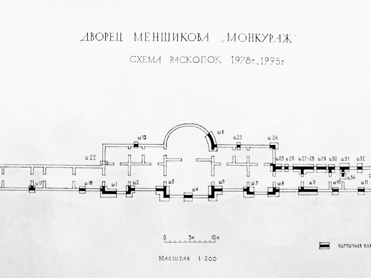 Илл. 17. Коренцвит В. А. Раскопки дворца А. Д. Меншикова «Монкураж». Генплан шурфов. 1978, 1995 гг.